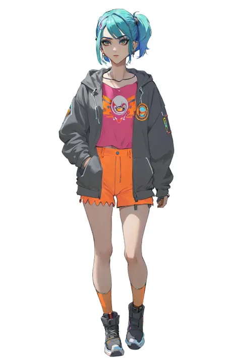 anime girl with blue hair and a pink shirt and orange shorts, cyberpunk anime girl in hoodie, anime style character, anime full ...