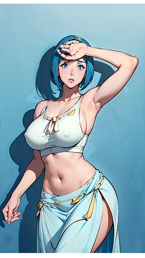 A sexy girl, beautiful beauty, light blue hair, her big round blue eye, light pink lip, she wears a white sleeveless shirt, shows her navel, and a long blue skirt with a long heel, black hair, wearing a pussy, ((((toma desde atras))) (((de espaldas a la ca...