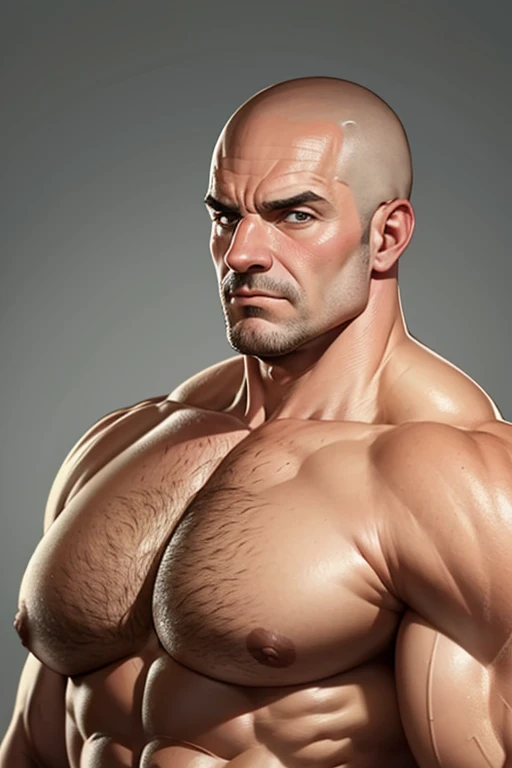 Shaved head, Large Breasts, Muscular, 1 middle-aged man,Anatomically correct, Simple Background, 