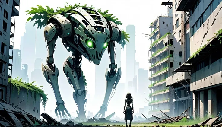 A ruined city of the future、The people disappeared。In this place that was destroyed tens of thousands of years ago、Overgrown with vegetation。In the center of the city, a collapsed building stands tall.、In the shadow, a humanoid android（woman）Standing quiet...