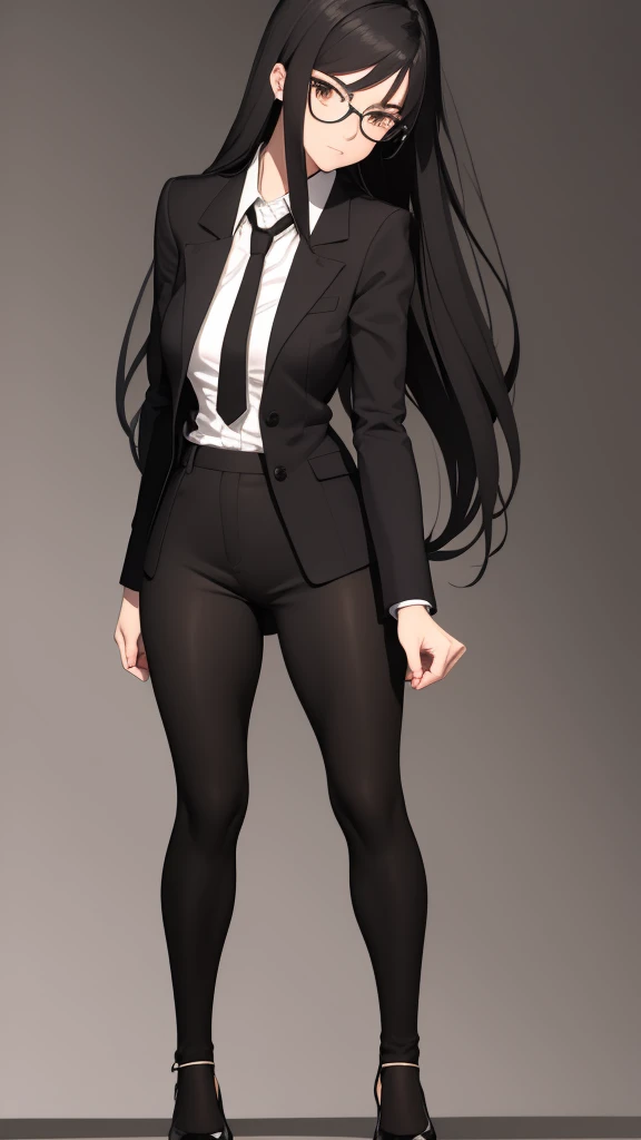 anime style, she is a teacher, she has long black hair, she has brown eyes, she is wearing black leggings, she is wearing a black skirt, she is wearing a black coat, she has a white buttoned up long sleeve shirt with a tie, she has medium-sized , she has a...