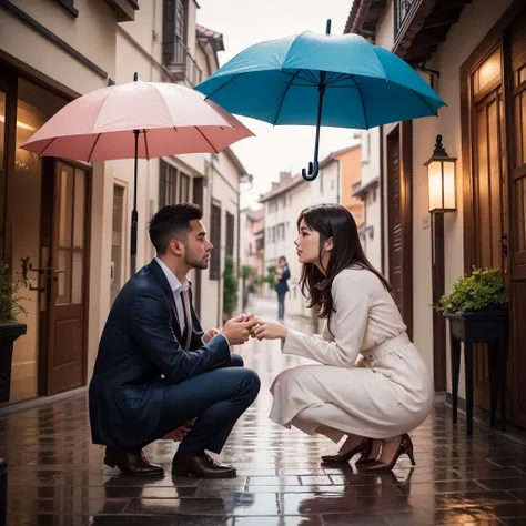 there is a man kneeling down next to a woman holding an umbrella, lovely couple, romantic couple, very beautiful photo, attractive girl, with lovely look, couple pose, profile pic, boy girl traditional romance, with beautiful colors, romantic scene, attrac...