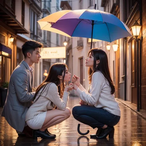 there is a man kneeling down next to a woman holding an umbrella, lovely couple, romantic couple, very beautiful photo, attractive girl, with lovely look, couple pose, profile pic, boy girl traditional romance, with beautiful colors, romantic scene, attrac...