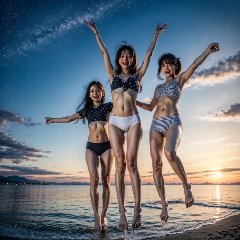  Masterpiece of ProfessionalPhoto ((ExtremelyDetailed (12 PICHIPICHI KAWAII Girls Floating in The Air in a row:1.37) in WHITE at Dusk Enoshima Beach)), {(Standing Full Body:1.2)|(from below:1.2)|Detailed KAWAII face}, Different types of hair colors, {(skin...