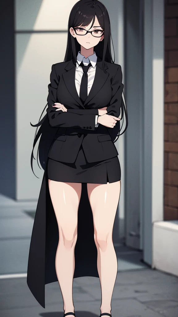 anime style, she is a teacher, she has long black hair, she has brown eyes, she is wearing black leggings, she is wearing a black skirt, she is wearing a black coat, she has a white buttoned up long sleeve shirt with a tie, she has medium-sized , she has a...