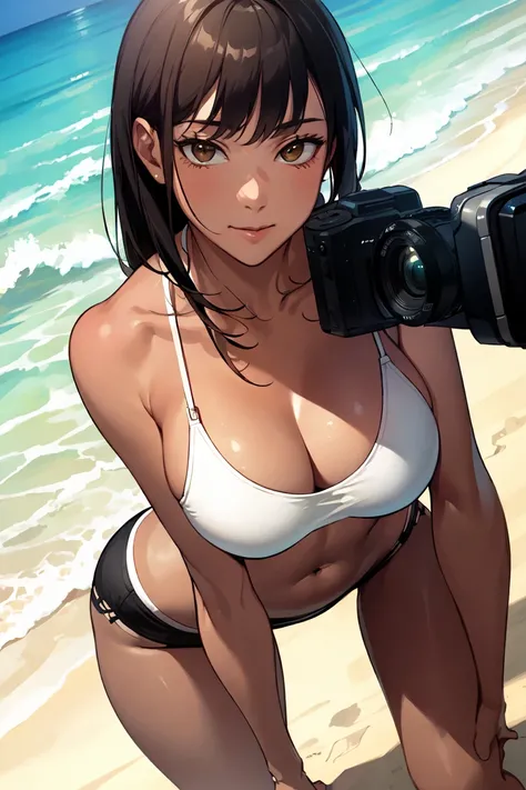 (best qualityer,incomparable masterpiece:1.4),ultra-detailed CG, woman on the beach looking at camera, camera com upper angle, tanned