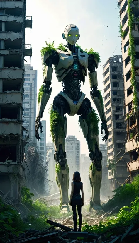 A ruined city of the future、The people disappeared。In this place that was destroyed tens of thousands of years ago、Overgrown with vegetation。In the center of the city, a collapsed building stands tall.、In the shadow, a humanoid android（woman）Standing quiet...