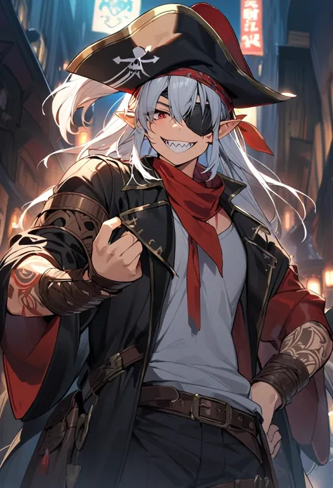 Boy, white hair, long straight hair, red eyes, wild smile, sharp teeth, pointed ears, fair skin, pirate, linen shirt, long coat, tricorn hat, bandana, eyepatch, leather bracers, belt with a large buckle, daggers, gold rings, red tribal tattoos on arms, red...