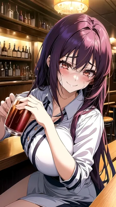 anime girl with big boobies drinking a glass of wine, with a drink, seductive anime girl, at a bar, drinking at the bar, in a bar, holding a drink, sitting at the bar, drinking beer, anime girl drinks energy drink, beautiful alluring anime woman, in a pub,...