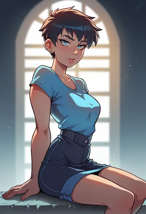 a beautiful woman with short hair, sitting in a blue blouse, piercing blue eyes, tomboy style, intricate details, high quality, photorealistic, warm lighting, cinematic, digital art