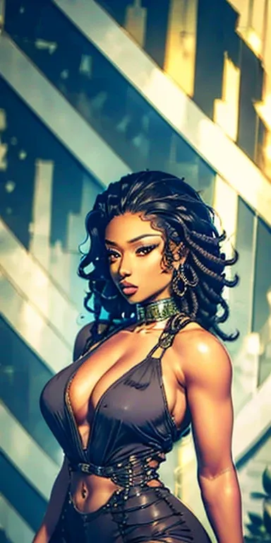 Create a hyper-realistic image of María del Carmen, also known as "La Gata," a central character in a narco-novel. She is a young and extremely attractive afroamerican woman with an aura of mystery and seduction. She has a slender and curvy figure, with cl...