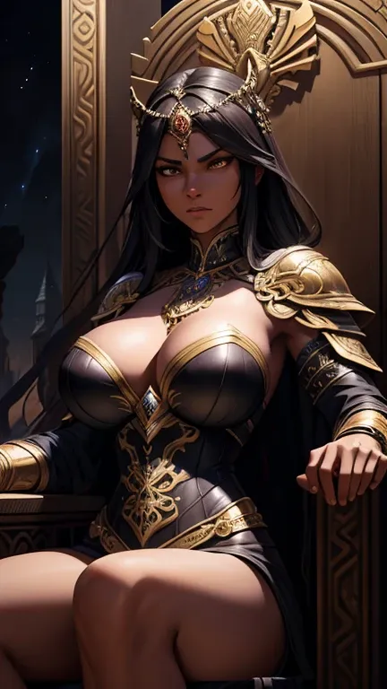 ebony queen, big breasts, warrior, sitting on the throne, goddess, full height, antiquity, night, detailed facial features, ornate throne, intricate armor, flowing hair, powerful expression, dramatic lighting, photorealistic, 8k, highly detailed, masterpie...