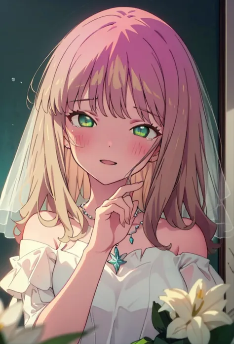 minami yume ,sss Dynazenon ,Long Hair, Brown Hair, (Green Eyes:1.5) ,blush,happy smile, smile, Open your mouth,Off-the-shoulder wedding dresses,necklace,Veil,bouquet,Close both eyes,Tears stream down her face,Tears of joy,I cry a lot,　　　　　　　　　　　　 
 break l...