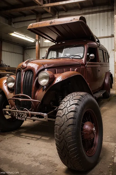 dark red vintage van with rust and chrome paint. The van must have a round body shape, distinctive front grill, round headlights, fender, and taillights. Draw the exterior of an unused 1936 Fordson 7V with the car face and tail of a 1974 VW Safari Type 18,...