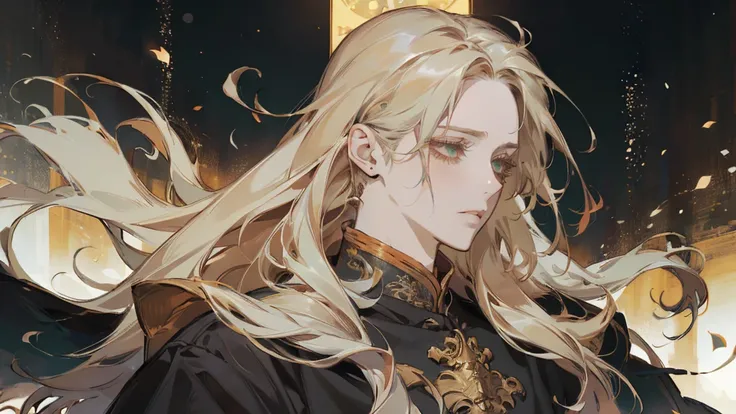 ((1 man)). ((brave:1.2)), Drawing a detailed portrait of a man with long hair, Long blond hair, Use gradient style. he的头发被仔细地扎成马尾辫，... he has striking gold eyes, 这与he苍白的皮肤形成鲜明对比., 给he疲惫的外表增添了一丝光彩. ，he&#39;wearing a baggy, European style clothes, 在he纤细的身躯上流...