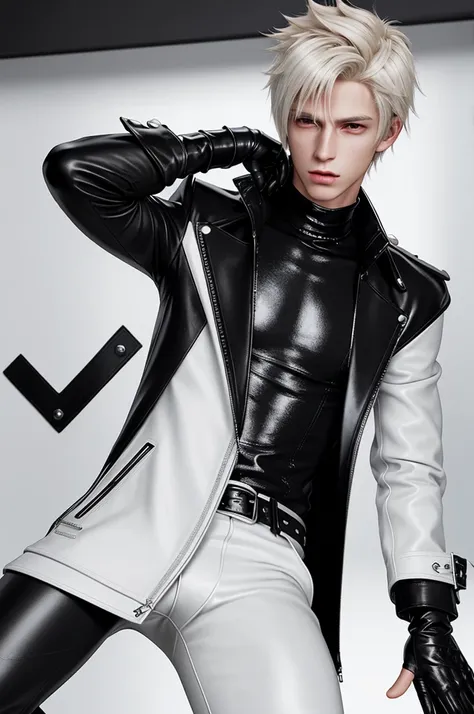 Final fantasy taste and reality graphics, Japanese young cute and cool ikemen  boy, his age is early 20s, thin eyebrows and beady eyes,  he wearing off white color leather  thick material jacket, jacket is singlebrest, biker style jacket, with epaulet, jac...