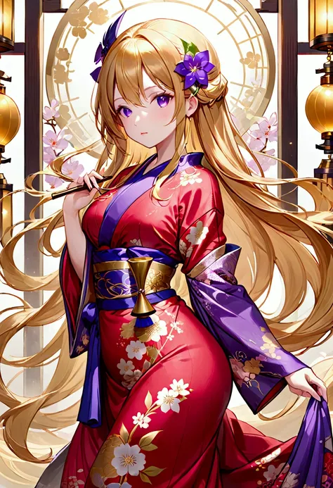 Adult female,long golden hair, purple eyes,hourglass body figure,kimono