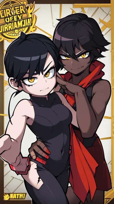 Woman, short black hair, yellow eyes, perfect body, very beautiful,Red and black villain tamarisk,  Boku no hero academy