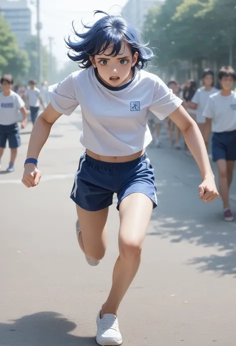 Anime girl with blue hair and blue shorts reaches out to catch Frisbee, Inspired by Rei Kamoi, Sketchy art style, Anime girl running, Color Sketch, Anime Pose, She is dancing. Realistic, Anime Styleに, フラットなAnime Styleシェーディング, Anime Style, Jojo anime style,...