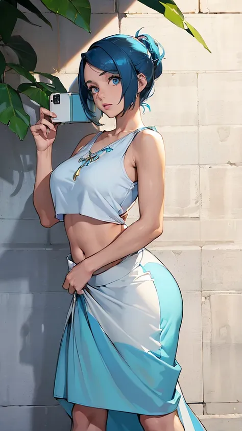 ((((toma desde atras))) (((de espaldas a la camara))), A sexy girl, beautiful beauty, light blue hair, her big round blue eye, light pink lip, she wears a white sleeveless shirt, shows her navel, and a long blue skirt with a long heel, black hair, wearing ...