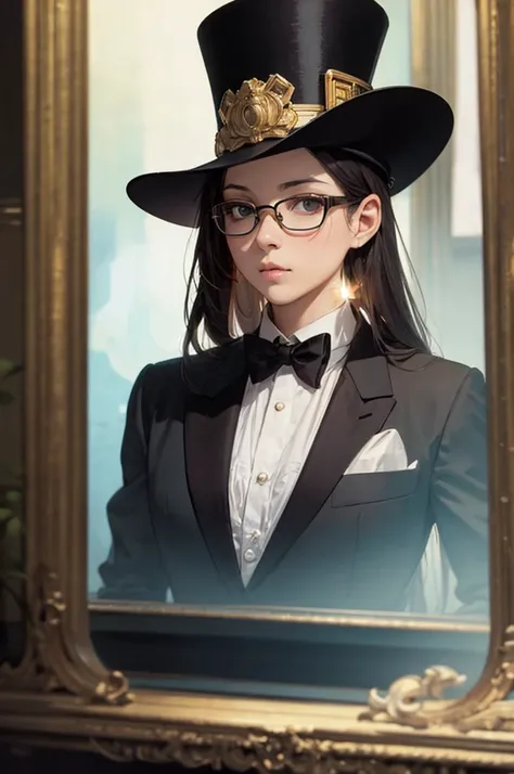 Beautiful woman, Alphonse Muchas style、Top Hat、Tuxedo, Jacket, Tic, glasses, Reflection of light, oil, Volumetric lighting,Sexy big  exposed，Big Chest