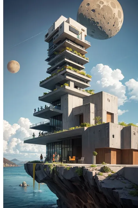 An illustration in collage style, with giant boulders, brutalist building sections, terraces, stairs, cacti, agave, concrete texture, multiple geometric shapes, hatch and cross hatching, planet saturn, volcano, moon, Luis Barragáns architectural style buil...