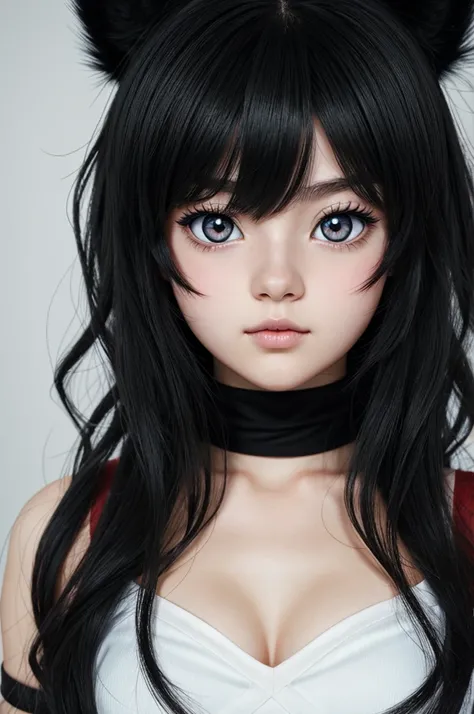 young girl,wide, wavy black fur,Red eyes,soft look,clear skin,anime style boku no hero 