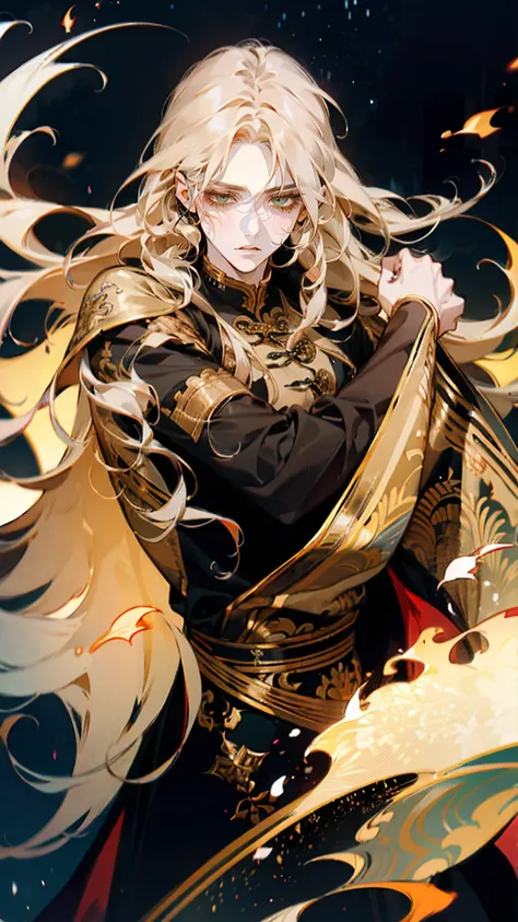 ((1 man)). ((brave:1.2)), whole body，full body，Drawing a detailed portrait of a man with long hair, Long blond hair, Use gradient style. he的头发被仔细地扎成马尾辫，... he has striking gold eyes, 这与he苍白的皮肤形成鲜明对比., 给he疲惫的外表增添了一丝光彩. ，he&#39;wearing a baggy, European styl...