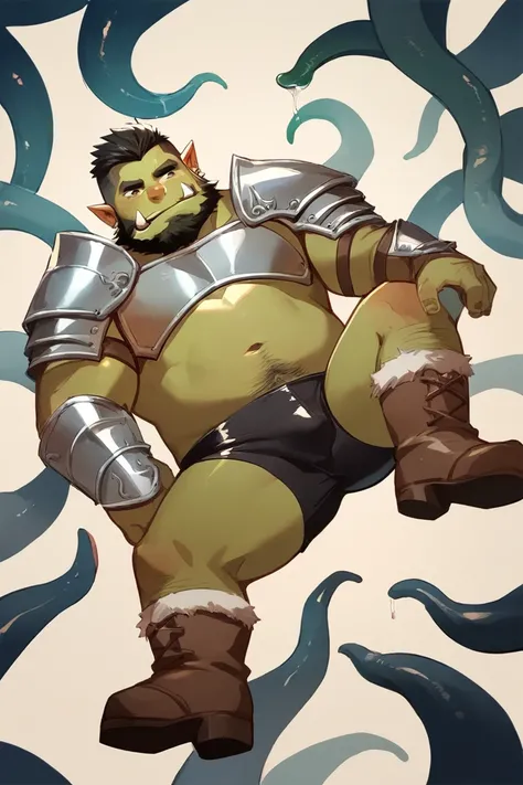 score_9, score_8_up, score_7_up, solo, male focus, chubby male, young , orc, green skin, tusks, beard, , micro armor , shoulder armor , strip club , (( black micro tight shorts )) , ((( tentacles ))) , full body , boots , laying spread legs , tear , ashame...