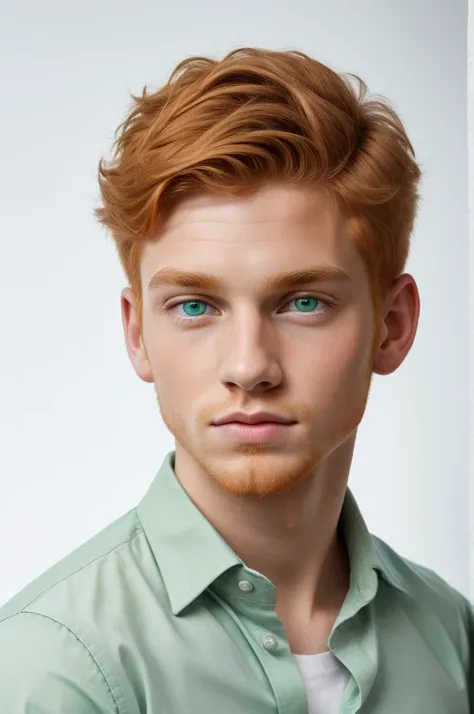 1boy, ginger hair, brilliant green eyes, masterpiece, short hair, crystal clear, nice shirt, portrait