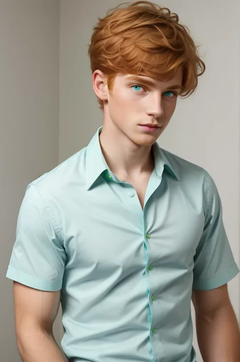 1boy, ginger hair, brilliant green eyes, masterpiece, short hair, crystal clear, nice shirt, portrait