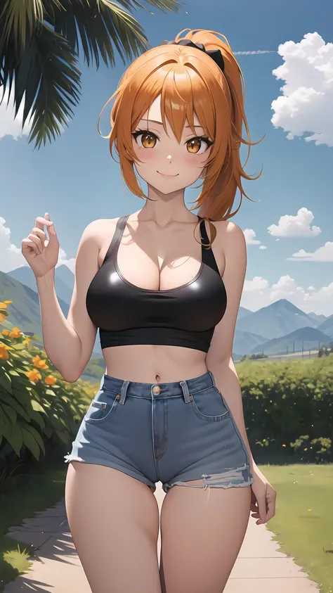 1girl, anime girl, anime, girl, 2d girl, 16y, (fullbody), standing, golden eyes, smiling, blush, (long hair, single ponytail, orange hair), ((black latex tank top, bare arms, bare shoulders)), ((cleavage, areolae, areola, areola exposed)), Solo, big , big ...