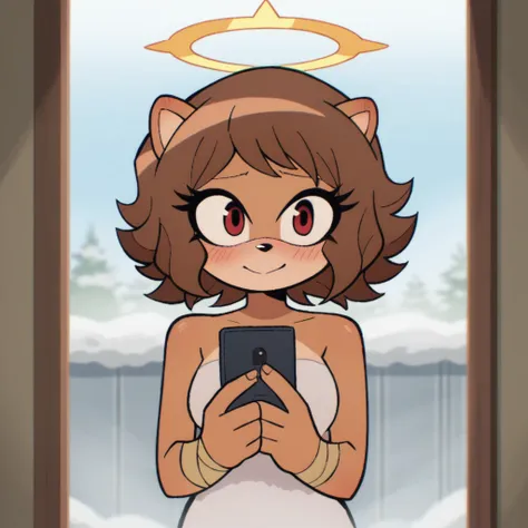 score_9, score_8_up, solo, mobian, hedgehog, two-tone fur ((orange fur, brown fur)), wrapped in towel, medium breasts, two-tone hair (brown hair, black tip)), curly hair, halo, red eyes, longeyelashes, red eyes, smile, shy, blush, holding phone