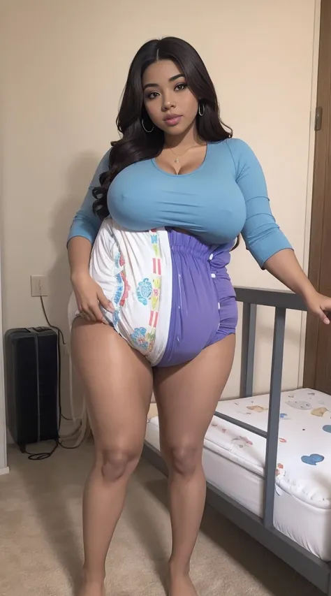 one women, big breasted, big butt, diaper sagging, sagging, crib, beautiful women, ginormous sagging diaper, one brown skinned women, colorful dress, colorful diaper, standing, standing in crib, diaper can not fit butt, thick thighs, big breasts, butt too ...