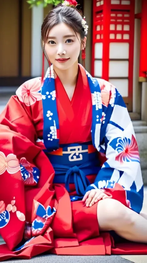 woman in red kimono sitting on the ground in front of a building, wearing a haori, wearing kimono armor, wearing kimono armour, in kimono, wearing a kimono, Traditional Japanese, red kimono, With white Chinese insignia, wearing kimono, yukata, in a kimono,...