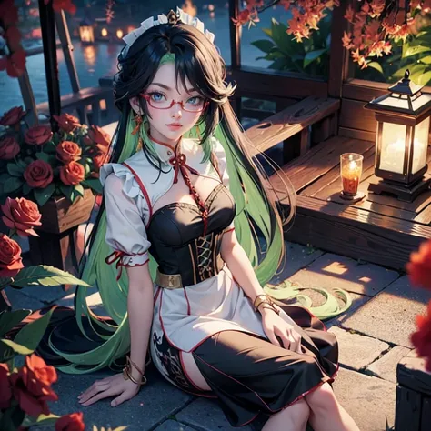 xianyun_(genshin impact), 1girl, red roses, multicolored hair, black hair, green hair, long hair, glasses, night sky, red short ...