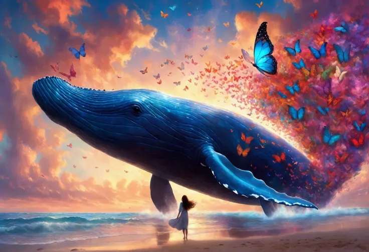 A whale flies through dreamy skies, it has 3 sets of enormous colorful butterfly wings, a cute woman lies on the beach watching its majestic flight