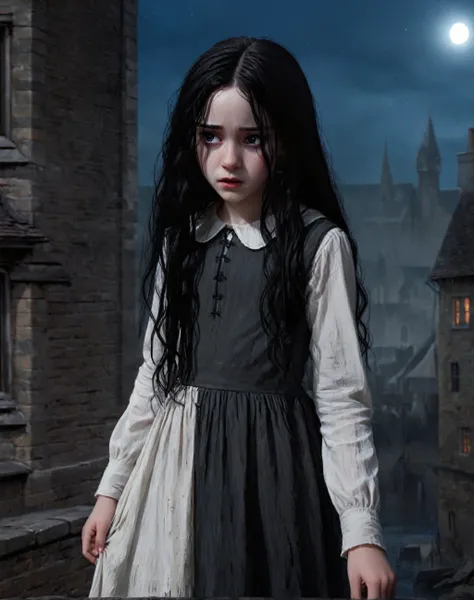 illustration of 11 years old daughter of severus snape, ,long black hair,pale skin,hair over eyes,black eyes,crying, White dress,dirty clothes,sad, solo,night, (insanely detailed,masterpiece, best quality),solo,