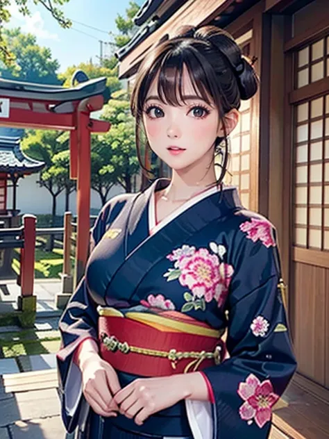 (highest quality、 8k wallpaper、masterpiece、high resolution)、vibrant colors、ample breasts、black hair in a japanese round topknot、...