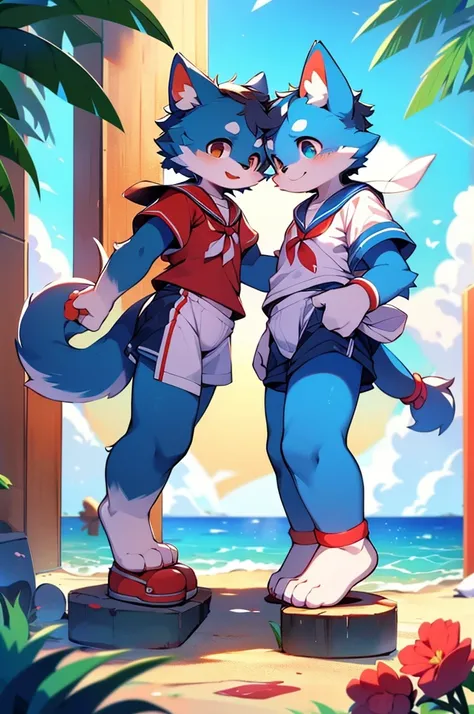 Blue fur boy canine,8k resolution,Furry,          Ocean,Sailor uniform,Red collar,Two legs,Stand on your feet！