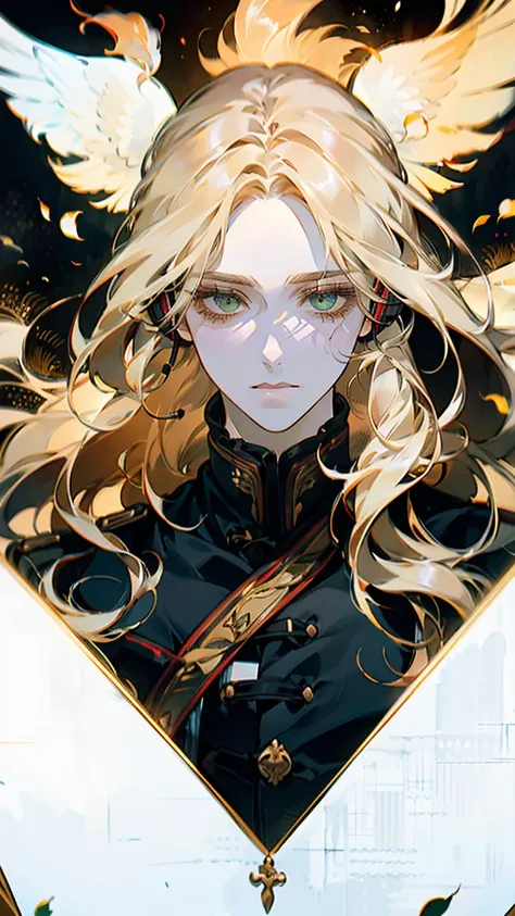 ((1 man)). ((brave:1.2)), whole body，full body，Drawing a detailed portrait of a man with long hair, Long blond hair, Use gradient style. he的头发被仔细地扎成马尾辫，... he has striking gold eyes, 这与he苍白的皮肤形成鲜明对比., 给he疲惫的外表增添了一丝光彩. ，he&#39;wearing a baggy, European styl...