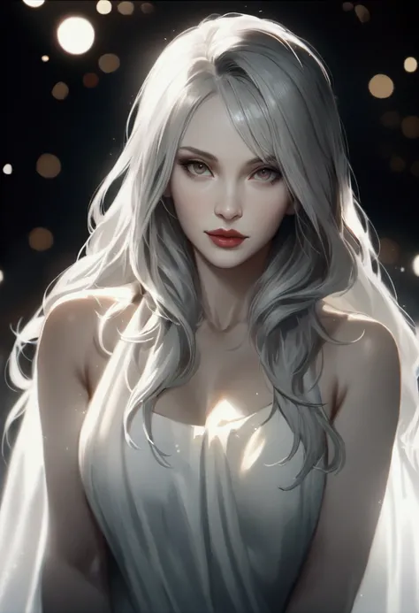 cinematic film still of bright light, bright, a woman with a white towel on her head High-key lighting Style,1girl,solo,long hair,gray hair, elder, 50 years old,looking at viewer,simple background,white background,bare shoulders,white hair,lips,makeup,pale...