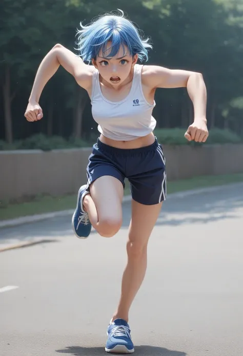 anime character with blue hair running in a white tank top, the anime girl is running, fubuki, running pose, 2 d anime style, girl is running, girl running, anime style 4 k, anime style character, anime style. 8k, badass anime 8 k, anime character, short b...