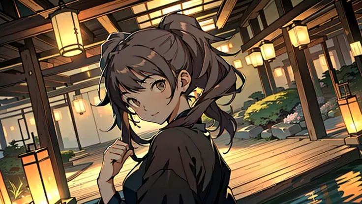 (masterpiece, Highest quality:1.3)
Persona4RiseKujikawa, One girl, alone, Long Hair, Twin tails, Brown Hair, Brown eyes,  Traditional Japanese Garden, evening, The soft lantern light creates a tranquil and enchanting atmosphere