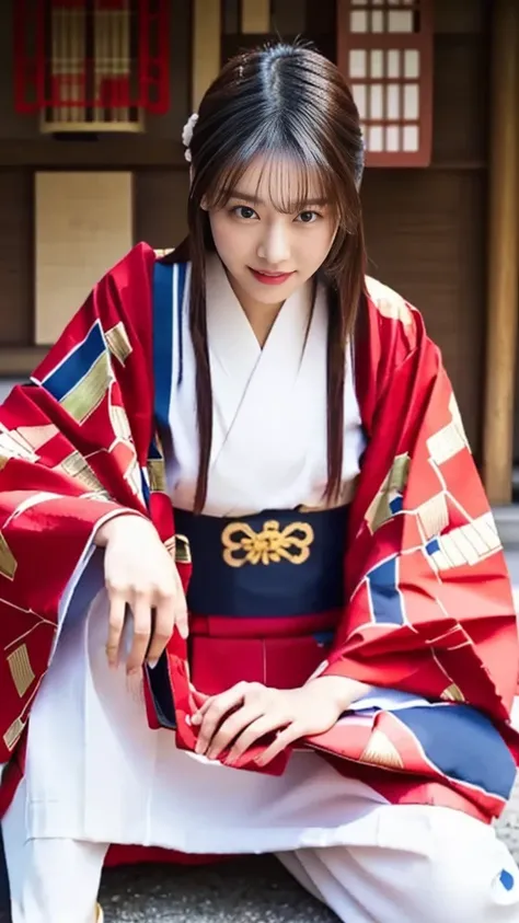 woman in red kimono sitting on the ground in front of a building, wearing a haori, wearing kimono armor, wearing kimono armour, in kimono, wearing a kimono, Traditional Japanese, red kimono, With white Chinese insignia, wearing kimono, yukata, in a kimono,...