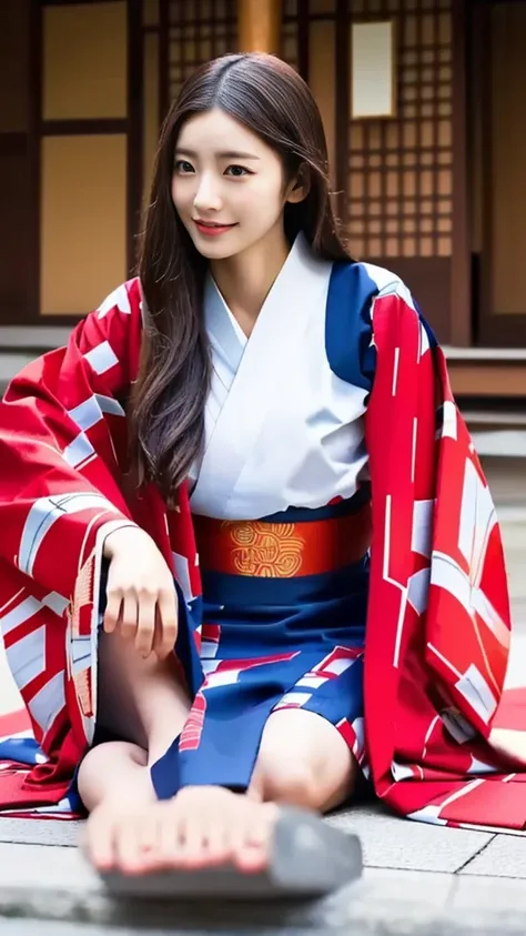 woman in red kimono sitting on the ground in front of a building, wearing a haori, wearing kimono armor, wearing kimono armour, in kimono, wearing a kimono, Traditional Japanese, red kimono, With white Chinese insignia, wearing kimono, yukata, in a kimono,...