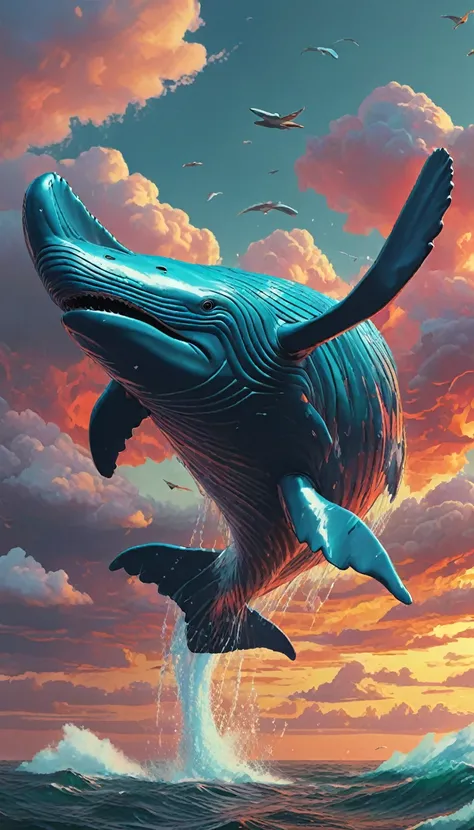 detailed abstract flying whale, flapping fins like wings, high in clouds, digital art, cinematic atmosphere, dramatic lighting, vibrant colors, photorealistic, 8k, ultra-detailed, masterpiece