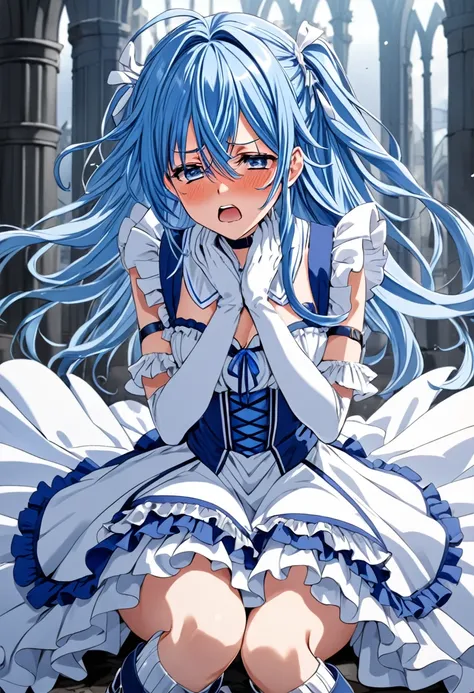 cure white, choker, thigh band,detailed hairstyle and outfit, long, flowing blue hair, white and blue ruffled dress, white glove...