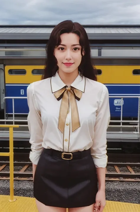 masterpiece,best quality,highres,Inoue Ayako,1990s (style),retro artstyle,1girl,solo,black eyes,brown long hair,cowboy shot,happy,Black blazer,matching black skirt,gold accents,white blouse,lace patterns,gold silk bow tie,looking at viewer,train station pl...