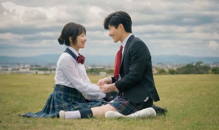 photo of a young japanese couple. the female is wearing a white shirt with navy collar, navy tartan skirt, red ribbon tie, black...